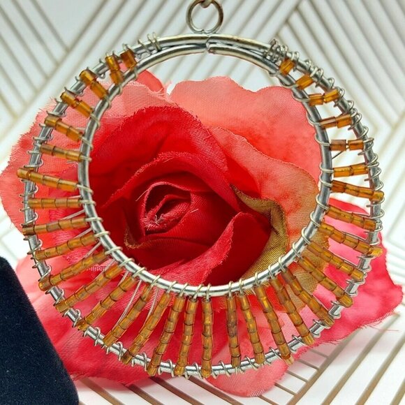 Pretty Large Silver Tone & Amber Color Seed Bead Statement Hoop Earrings Dangle - Picture 3 of 7